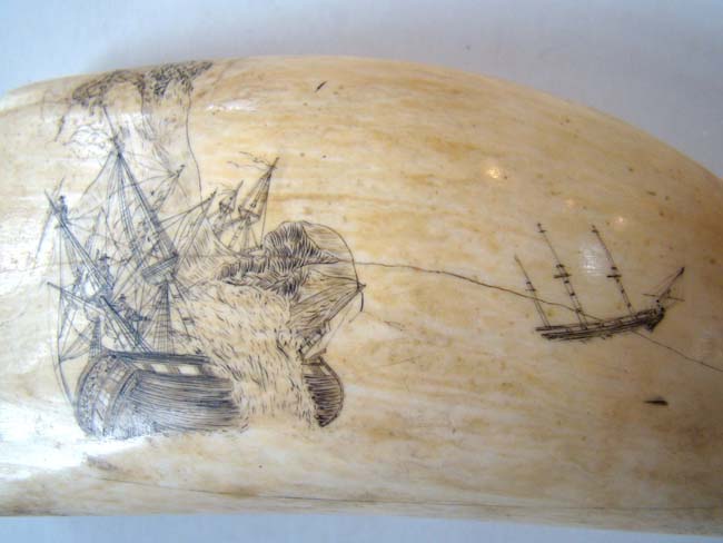 A wonderful 19th century scrimshawed Sperm Whale's Tooth with Shipwreck scene — image 2